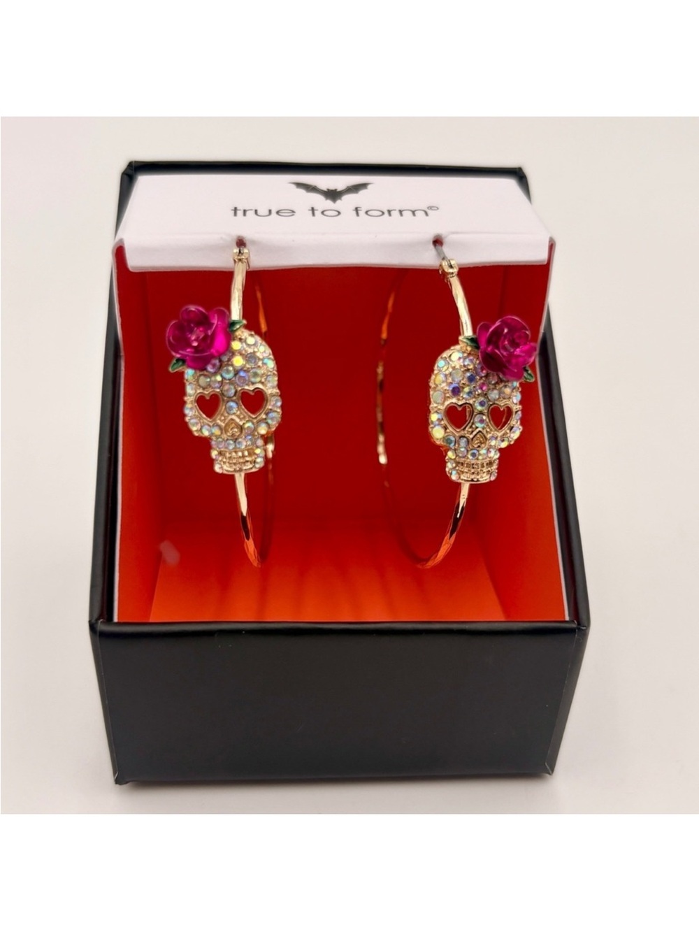True to Form Gold Tone and CZ Sugar Skull Hoop Earrings